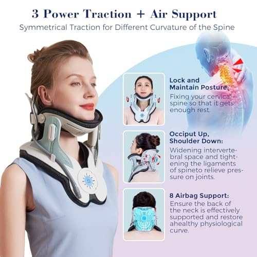 Cervical Traction Device, Neck Stretcher for Cervical Pain Relief, Air Pump Neck Brace with 3 Power Traction and 8 Airbag Support, Neck Decompression and Neck Tension Relief