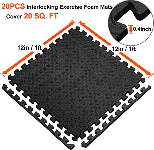 Exercise Mats Puzzle Foam Mats Gym Flooring Mat Cover 20 SQ.FT Interlocking Foam Mats with EVA Foam Floor Tiles for Home Gym Equipment Workouts Black