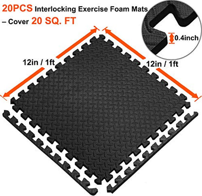 Exercise Mats Puzzle Foam Mats Gym Flooring Mat Cover 20 SQ.FT Interlocking Foam Mats with EVA Foam Floor Tiles for Home Gym Equipment Workouts Black