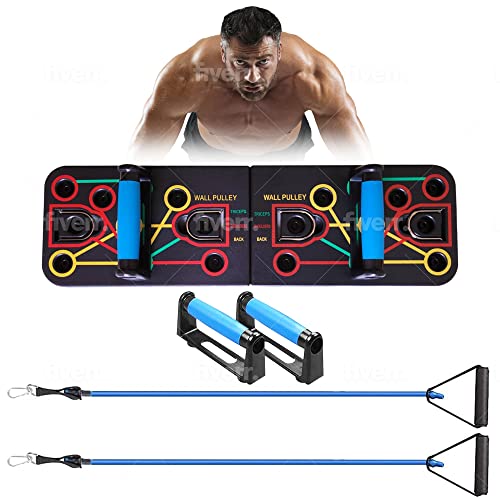 Multi-use 10 in 1 Push Up Board for Upper Body Strength Training. Push up board with resistance bands attachments for home workouts.