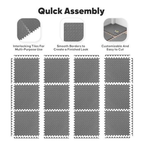 Home Gym Mat, Puzzle Exercise Mat, EVA Interlocking Foam Floor Tiles for Home Workout Equipment and Kids' Play Areas - Grey, 24 in x 24 in x ½ in - 16 Tiles (Grey, 16 Pack, 64 SQ FT)
