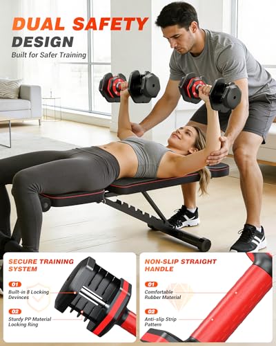 Adjustable Dumbbells Set of 2, 1 Hand Adjustable Weights Dumbbell Set and Workout Bench, 25/55/80lb Pair Weight Set For Home Gym Suit both Men and Women, Compact for Small Space Apartment Room - color: Classic-55lbs-Red Dumbbells+Bench