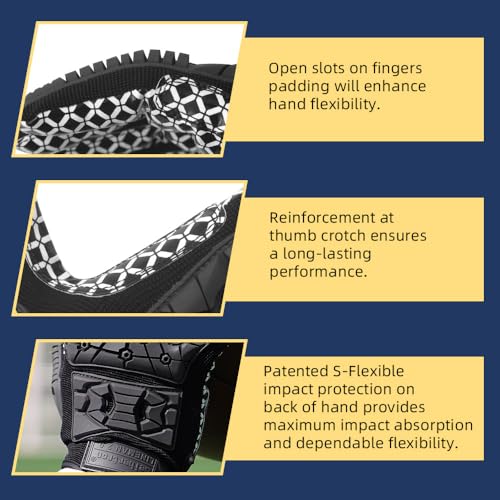 Seibertron Lineman 2.0 Padded Palm Football Receiver Gloves, Flexible TPR Impact Protection Back of Hand Glove Adult and Youth Sizes - color: black, size: XL Youth