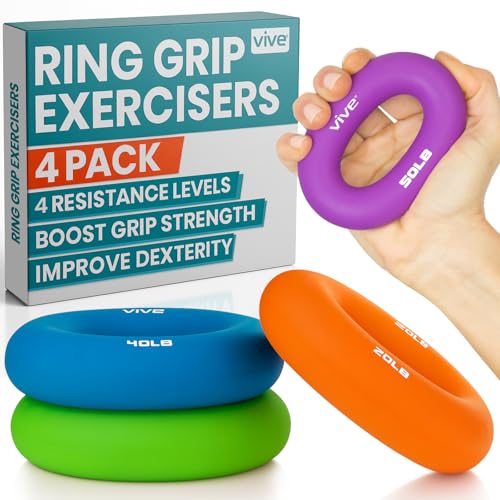 Vive Hand Strengthener Grip Ring - Forearm Ring Hand Exercisers - Silicone Squeezer Gripper for Muscle Strengthening Training Tool - Arthritis Finger Physical Therapy PT Kit Trainer - color: Multicolor (4 Pack)