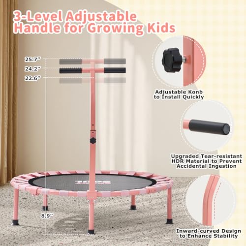 36'' Mini Trampoline for Kids 3-6, Foldable & Spring-Free, Small Toddler Trampoline Indoor Outdoor with Adjustable Handle Bar