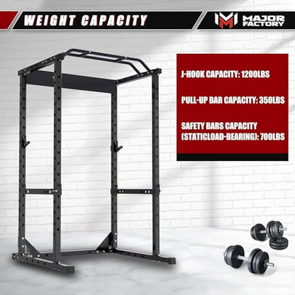 Major Factory Power Cage, 1200 lb Capacity Squat Rack for Home Gym, Multi-Functional Power Rack with Multi-grip Pull-Up Bar, Safety Bars, J-hooks