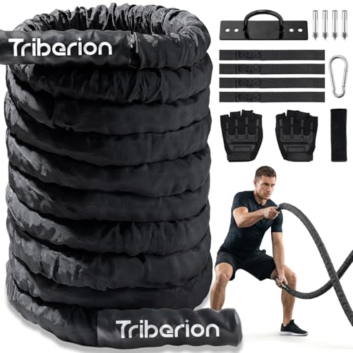 Battle Rope for Home Gym Workout - Extra Thick 2 Inch 30ft Heavy Weighted Training Exercise Ropes Fitness Equipment with Sleeve and Anchor Strap Kit for Crossfit Outdoor Working Out - color: Black, size: 2 Inch x 30 FT