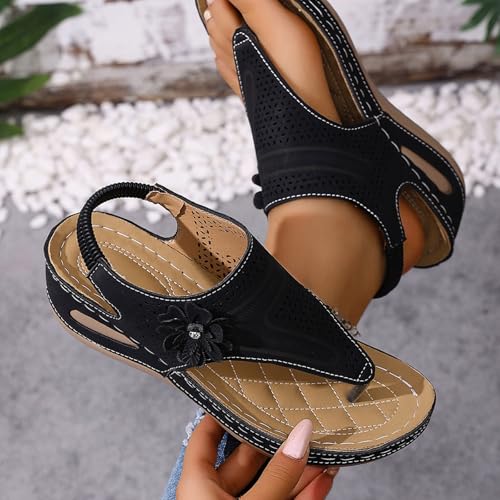 Women's Split Toe Wedge Sandals Floral Decor Elastic Back Strap Arch Support Orthopedic Non Slip Soft Insole Wide Width Breathable Casual Comfortable Shoes Summer Beach Vacation Party Walking Sandal