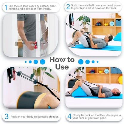 Lower Back Decompression Device – Lumbar Traction for Spinal Decompression – Patented Stretcher Strap Release for Spinal Rehydration – Lightweight & Portable (Over 230 lbs)
