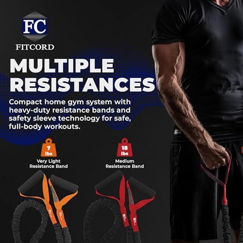 American Made FITCORD Resistance Bands 2 Pack with Door Anchor- Home Workout Equipment Set - Secure & Durable, Body Stretching & Strength Training for Men & Women - 7lb & 18lb Bands