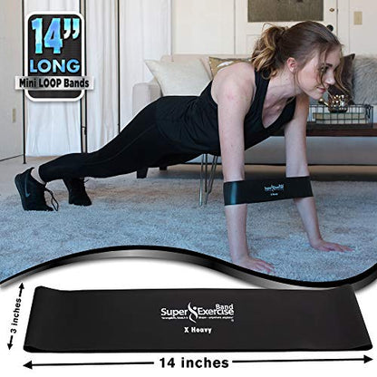 USA 14" x 3" Extra Long Latex Free Mini Loop Bands in 3, 5, 10 Pack Sets. 10 Strengths for Resistance Training, Stretching, Yoga, Toning. Plus an Exclusive iPhone App and E-Book. - color: s. Black X HEAVY Loop Band 10 Pack