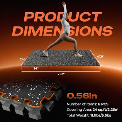 SUPERJARE 0.56'' Thick 6 Pcs 24 Sq Ft Rubber Top Exercise Equipment Mats, High Density EVA Foam Mats with Rubber Top, Interlocking Gym Flooring for Home Gym, Protective Workout Mat, Black/Grey - size: 6 Tiles (24 Sq Ft)