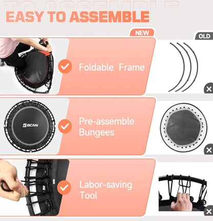 BCAN Adult Mini Trampoline, 40" Fitness Trampoline with Bungees, U Shape Adjustable Foam Handle, Stable & Quiet, Indoor Outdoor Workout-Silver