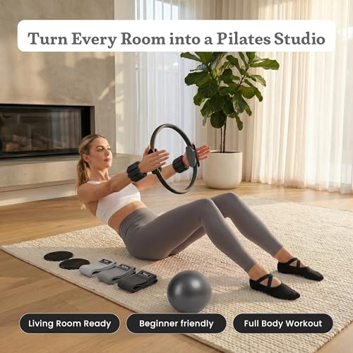 Premium 12pc Pilates Kit – 15 inch Pilates Ring and Ball Set w/ 1lbs Ankle Weights, Fabric Resistance Bands, Sliders, Yoga Socks & Gym Bag – Pilates Workout, Home Gym Equipment Accessories - color: Midnight Power (Black)