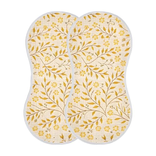 Yellow Leafy Botanical Muslin Burp Cloths 1 Pack - Extra Large 22"x11", 4-Layer Soft Absorbent Cotton, Waterproof Backing, Baby Drool Rags for Newborn