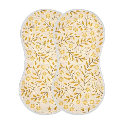 Yellow Leafy Botanical Muslin Burp Cloths 1 Pack - Extra Large 22"x11", 4-Layer Soft Absorbent Cotton, Waterproof Backing, Baby Drool Rags for Newborn