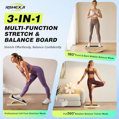 3-in-1 Slant Board & 180°/360° Balance Board, Portable 6 Angle Adjustable Calf Stretcher with Training Poster, Anti-Slip 300LBS Wobble Board for Physical Therapy, Standing Desk & Core Strength
