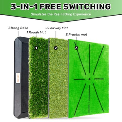 Golf Hitting Mats Training Equipment, Golf Practice Mat with Instant Swing Path Feedback, 3 Replaceable Golf Training Mats with No-Slip Heavy Duty Rubber Base