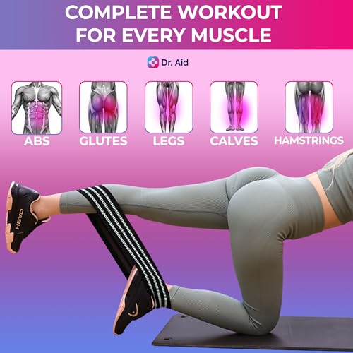 Dr. Aid Fabric Resistance Bands for Women & Men – 4 Booty Bands Set (2 Sizes, 2 Tension Levels) – Non-Slip, Non-Curl, Tear-Resistant, Extra Stretchy Workout Bands for Legs, Hips, Glutes & Butt