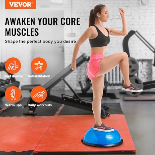 VEVOR Half Exercise Ball Trainer, 23/26 inch Balance Ball Trainer, 1500lbs Capacity Stability Ball, Yoga Ball with Resistance Bands & Foot Pump, Strength Fitness Ball for Home Gym Full Body Workout - color: 23" Ripple Blue