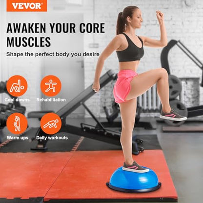 VEVOR Half Exercise Ball Trainer, 23/26 inch Balance Ball Trainer, 1500lbs Capacity Stability Ball, Yoga Ball with Resistance Bands & Foot Pump, Strength Fitness Ball for Home Gym Full Body Workout - color: 23" Ripple Blue