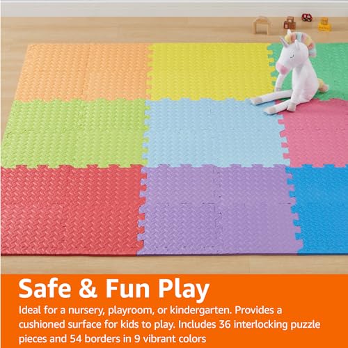 Amazon Basics Kids Interlocking Puzzle Exercise Play Mat, EVA Foam Floor Tiles, 36-Pack with 54 Borders, 12" x 12", Colorful, Soft