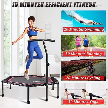 Newan 48'' Fitness Trampoline with Adjustable Handle Bar, Silent Trampoline Bungee Rebounder Jumping Cardio Trainer Workout for Adults - Max Limit 330 lbs - color: Pink