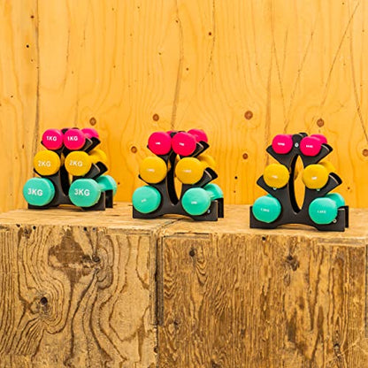 PRISP Dumbbells Set with Rack - 3 Pairs of Neoprene Free Weights with Stand