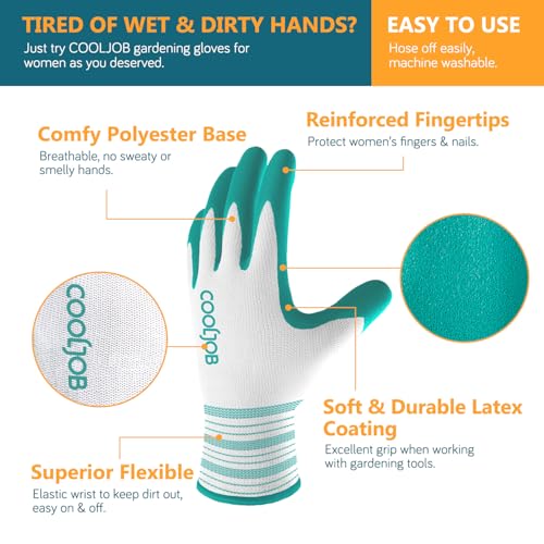 COOLJOB 10 Pairs Gardening Gloves for Women, Breathable Rubber Coated, M - color: Bright Red, Mint Green, size: Medium (Pack of 10)