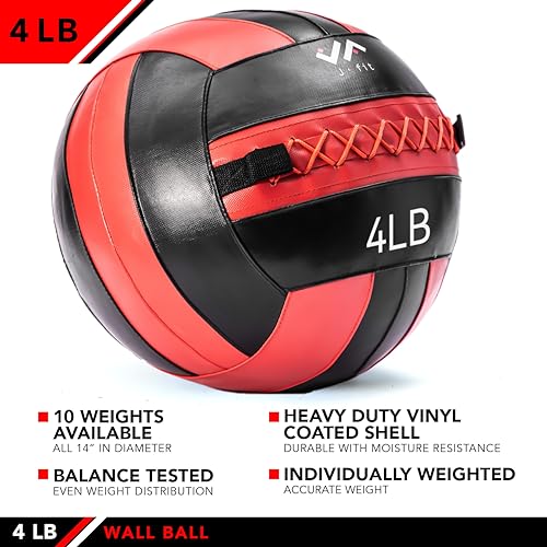 JFit Wall Ball – Premium Soft Weighted Exercise Ball for Strength, Conditioning, Gym & Home Workouts, 4-30 LB - color: Red/Black, style: 4-Pound