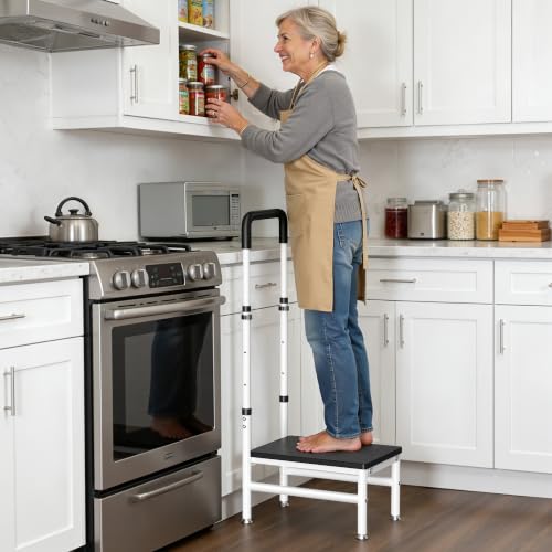 Step Stool with Handle for Adults and Seniors, Heavy Duty One Step Wooden Platform Stool with Adjustable Handrail, Wide Non Slip Footstool for Bedside, Bathroom and Home