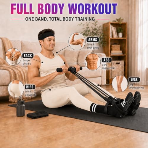Pedal Resistance Band, Stitched Anti-Snap Elastic Pull Rope Fitness Equipment, 3-in-1 Home Workout Exercise Bands Set with Pilates Grip Socks & Headband