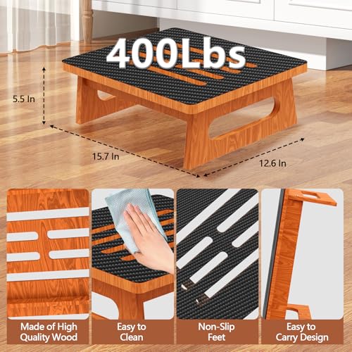 5.5" One Step Stool for Adult & Toddler, 400 Lbs Heavy Duty Platform with Non-Slip Rubber, Multi-Functional Portable Kitchen Step Stool Suitable for Stairs, Bathroom, High Bedside, Office and Outdoor - style: Wood