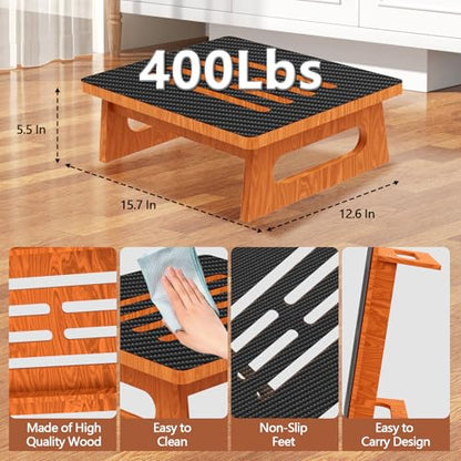 5.5" One Step Stool for Adult & Toddler, 400 Lbs Heavy Duty Platform with Non-Slip Rubber, Multi-Functional Portable Kitchen Step Stool Suitable for Stairs, Bathroom, High Bedside, Office and Outdoor - style: Wood