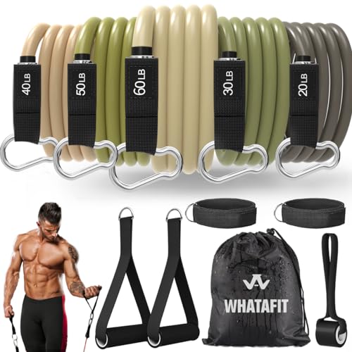 WHATAFIT Resistance Bands, Exercise Bands, Workout Bands with Handles, Door Anchor and Ankle Straps, 5 Resistance Levels Fitness Bands for Strength Training, Physical Therapy, and Home Gym Equipment - color: Green 20-60 LBS