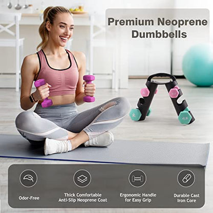 LIONSCOOL Set of 2 Neoprene Coated Dumbbell Hand Weights, Anti-Slip and Anti-Roll Hex Dumbbells in Pair for Strength Training, Resistance Training - style: 18lb, set of 6 with stand (Spring Bloom)