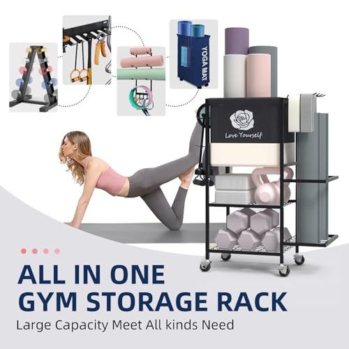 Multi-Functional Home Gym Storage Rack,All-in-One Weight Rack,Yoga Mat Foam Rollder Holder with Wheels and Side Holder - color: Black