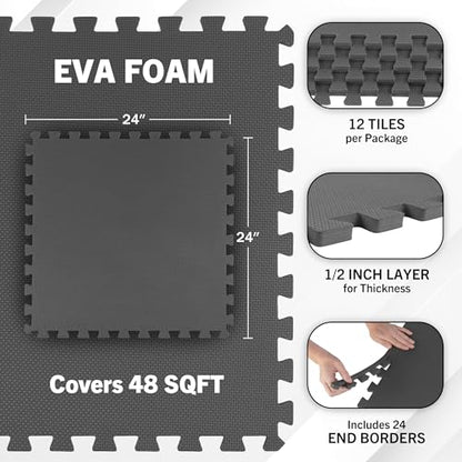 EVA Foam Mat Tiles 12-Pack - 48 SQ FT of Interlocking Padding for Garage, Playroom, or Gym Flooring - Exercise Mat or Baby Playmat by Stalwart (Gray)