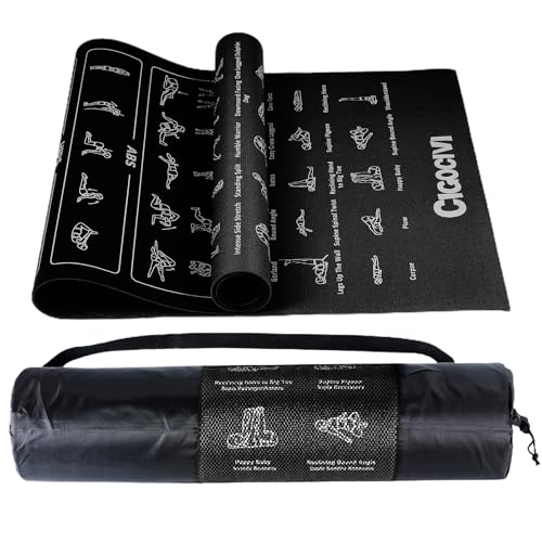 Instructional Travel Yoga Mat with 75 Asanas Poses & Exercises - Exercise Mat for Home Workout, Includes Carrying Bag, 68"x24"x0.25" - color: Black