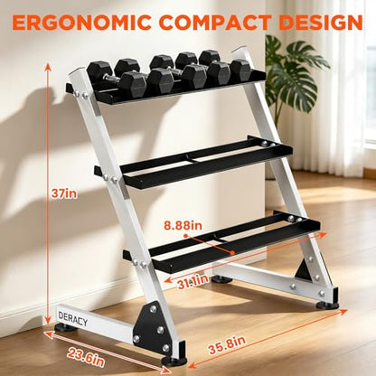 DERACY Dumbbell Rack, 3-Tier Dumbbell Weight Rack for Home Gym, Dumbbell Set Organizer for Dumbbell Kettlebell Barbell, Heavy Duty Weight Storage Rack, Dumbbell Stand Only