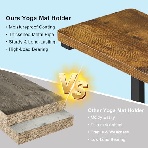 Yoga Mat Holder Wall Mount, Yoga Mats Storage Rack, Home Gym Wall Organizer Holder with Wood Floating Shelf and 5 Hooks, Storage Rack for Hanging Foam Roller/Band/Workout Equipment