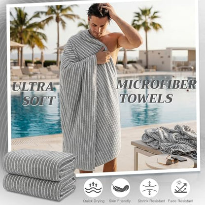 2 Pack Oversized Bath Towels 40 x 80 in Coral Fleece Extra Large Gray and White Striped Bath Sheets Microfiber Quick Dry Absorbent Shower Towel for Beach Pool Hotel Bathroom Spa Gym