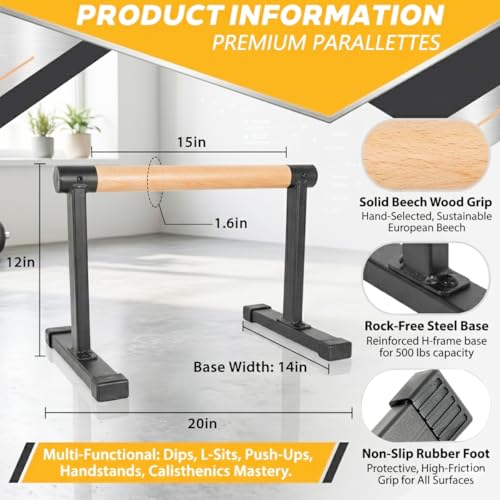 Professional Wooden Parallel Bars - Solid Beech Wood & Matte Alloy Steel Dip Bar, 500lbs Load Capacity Rock-Free Push-up Station for Gymnastics, Yoga and Calisthenics Mastery