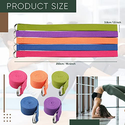 10 Pcs Yoga Strap 8ft Yoga Stretching Exercise Band Stretching Belt with Adjustable Metal D Ring Buckle Loop for Pilates, Dance, Physical Therapy, Gym Workout