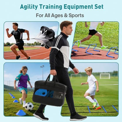 OLIXIS Agility Speed Training Equipment, 20 ft Speed Ladder, 12 Soccer Cones, 4 Agility Hurdles, Jump Rope, Resistance Parachute with Carry Bag, Training Equipment Set for Kids, Youth, Adults, Bule
