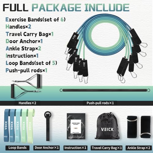 VEICK Pilates Bar Kit with Resistance Bands, Elastic Workout Bands for Men Women, Set of 5 Resistance Loop Bands for Home Fitness Stretching Strength Training