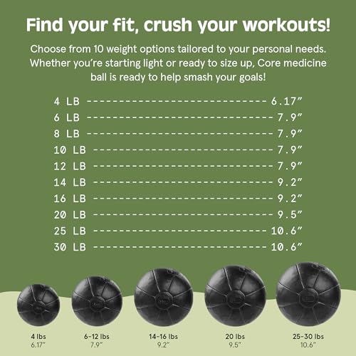 Core Weighted Medicine Ball 4, 6, 8, 10, 12, 14, 16, 20, 25, 30 lbs, Soft Touch Vegan Leather with Sturdy Grip for Strength Training, Recovery, Balance Exercises and Other Full-Body Workouts