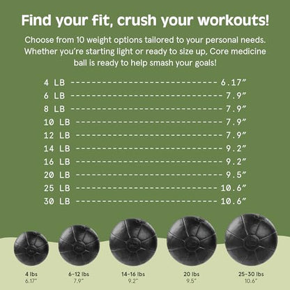 Core Weighted Medicine Ball 4, 6, 8, 10, 12, 14, 16, 20, 25, 30 lbs, Soft Touch Vegan Leather with Sturdy Grip for Strength Training, Recovery, Balance Exercises and Other Full-Body Workouts