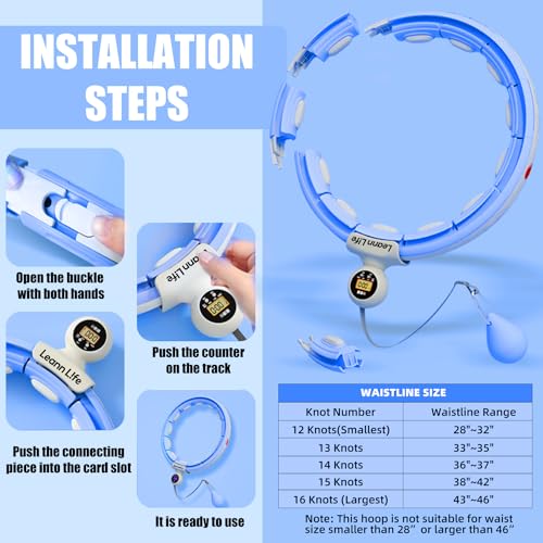 U5 Smart Weighted Hula Hoop with Counter, Waist Trimmer & Wash Bag –16 Knots, 28"–46" Adjustable Infinity Hoop Plus Size, Quiet Rubberized Wheels, Abdominal Toner - color: Blue + Waist Trimmer