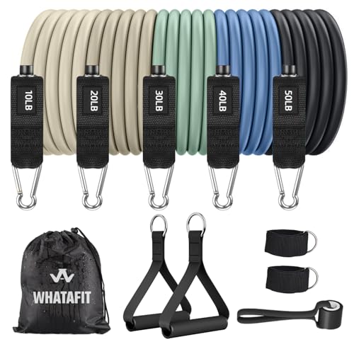 WHATAFIT Resistance Bands, Exercise Bands, Workout Bands with Handles, Door Anchor and Ankle Straps, 5 Resistance Levels Fitness Bands for Strength Training, Physical Therapy, and Home Gym Equipment - color: Green Blue